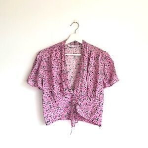 Zara Pink Floral Ruched Front Cropped Blouse Top Size Medium